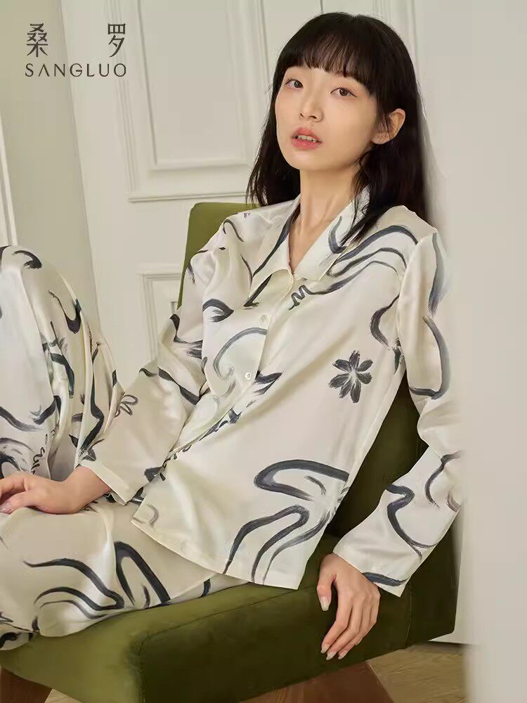 雅.桑罗Sangluo印花真丝睡衣女士可外穿家居服100%桑蚕丝二件套装