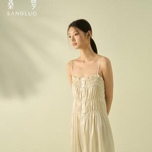 桑罗真丝睡裙女夏季 宫廷风吊带睡裙风琴褶家居服外穿睡衣 新款 法式