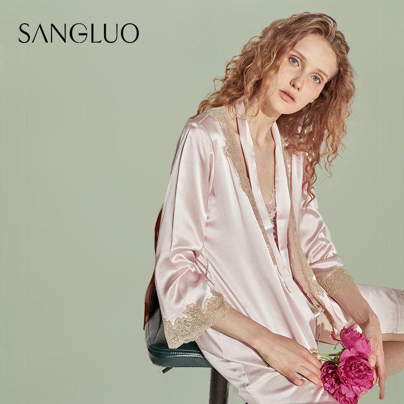 优雅蕾丝长袖睡袍桑罗女春夏桑蚕丝性感睡衣丝绸家居服真丝晨袍