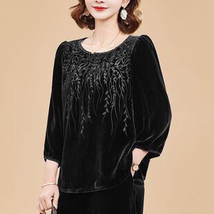 真丝绒上衣女秋2025新款奢华气质T恤桑蚕丝复古烧花小衫