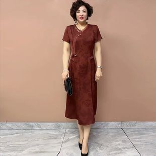 香云紗真絲連衣裙媽媽夏裝 桑蠶絲旗袍裙子 洋氣高端女中老年人短袖