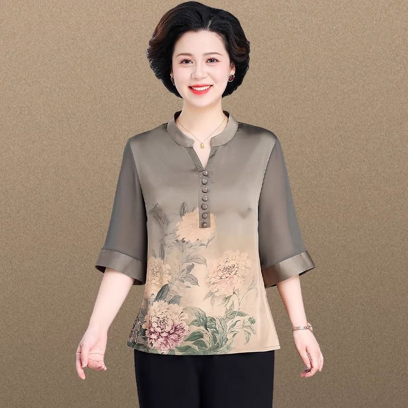 妈妈夏装2025新款新中式真丝小衫T恤中老年女夏季香云纱短袖衣服