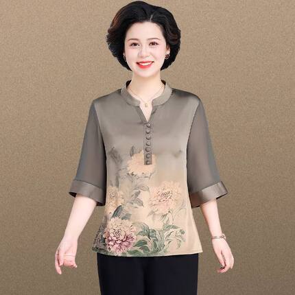 妈妈夏装2025新款新中式真丝小衫T恤中老年女夏季香云纱短袖衣服