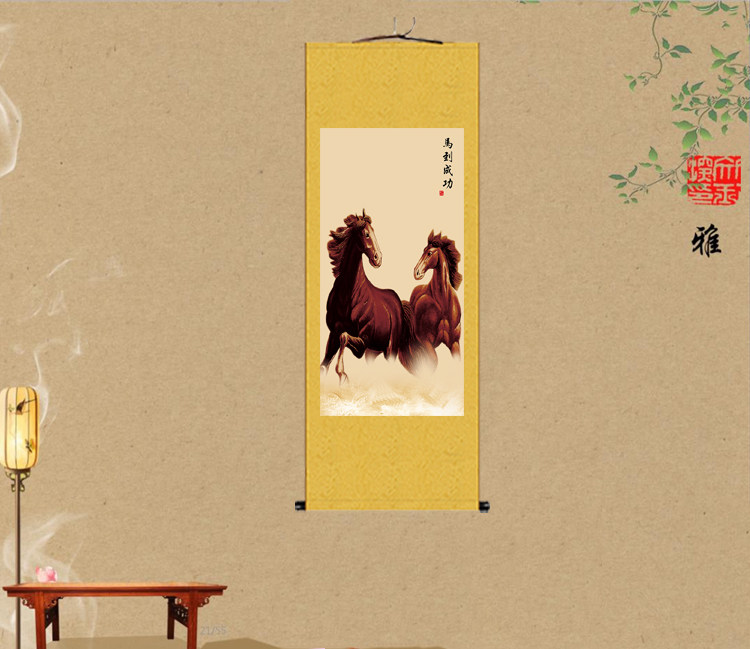 枣红马丝绸画汗血宝马卷轴招财书房装饰双马挂画马到成功骏马国画