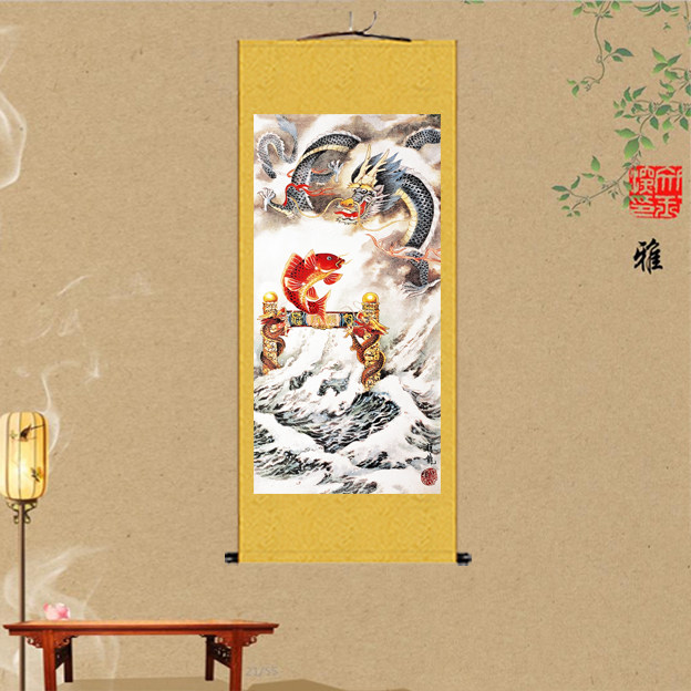 鲤鱼跃龙门丝绸卷轴画国鱼跃龙门