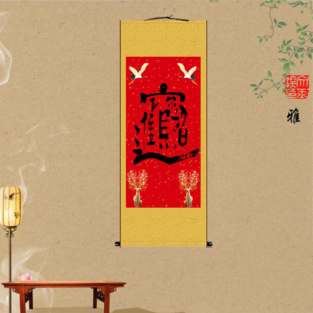 梅花鹿丝绸画仙鹤卷轴画