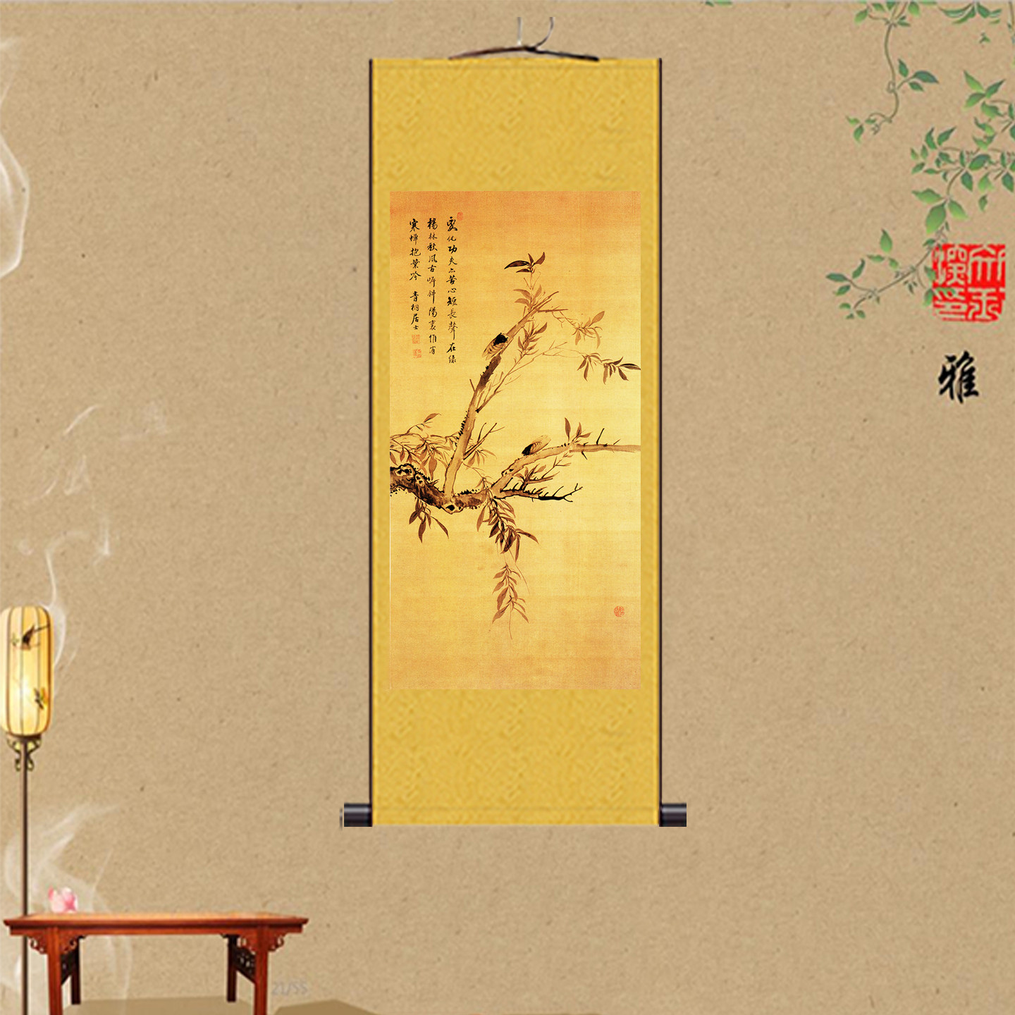 复古手绘丝绸卷竹子花鸟国画