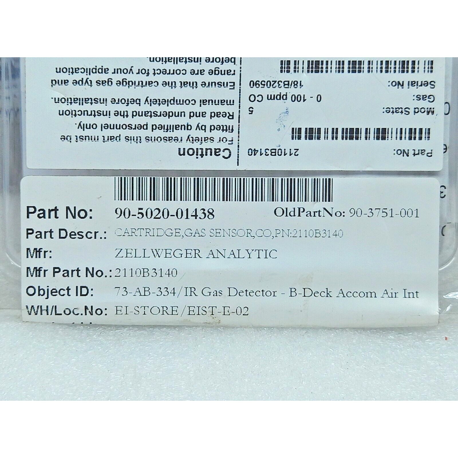 Zellweger Analytic 2110B3140 Cartridge Sensor 0-100ppm CO 90