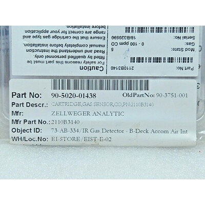 Zellweger Analytic 2110B3140 Cartridge Sensor 0-100ppm CO 90