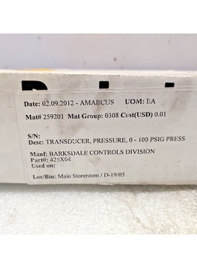 Barksdale 425X-04 Pressure Transducer 0-100Psig 12-30Vdc 4-2