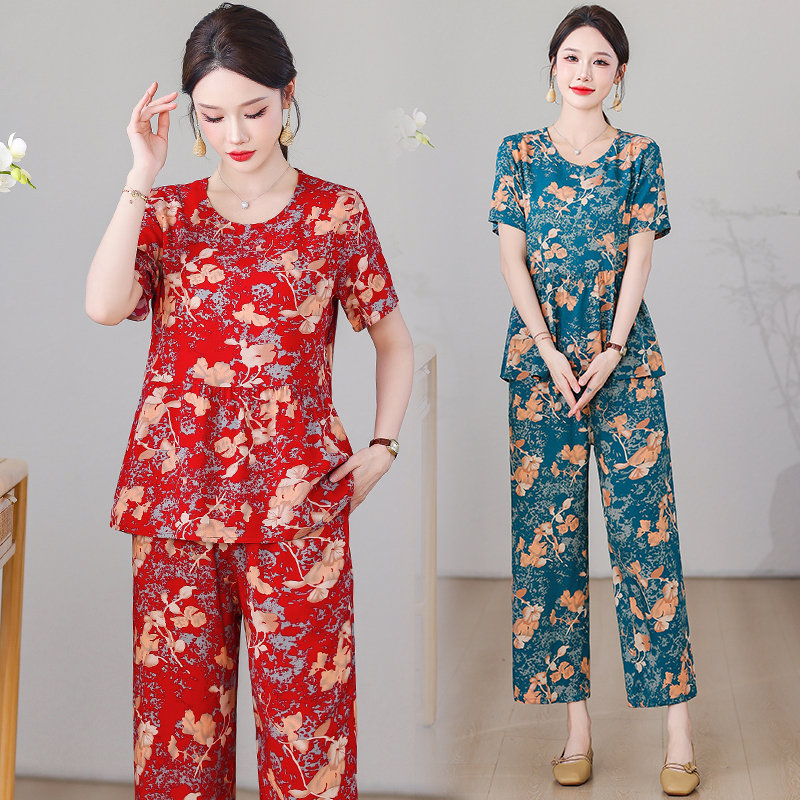 中老年女装衣服奶奶棉绸睡衣妈妈夏装套装上衣短袖两件套装家居服