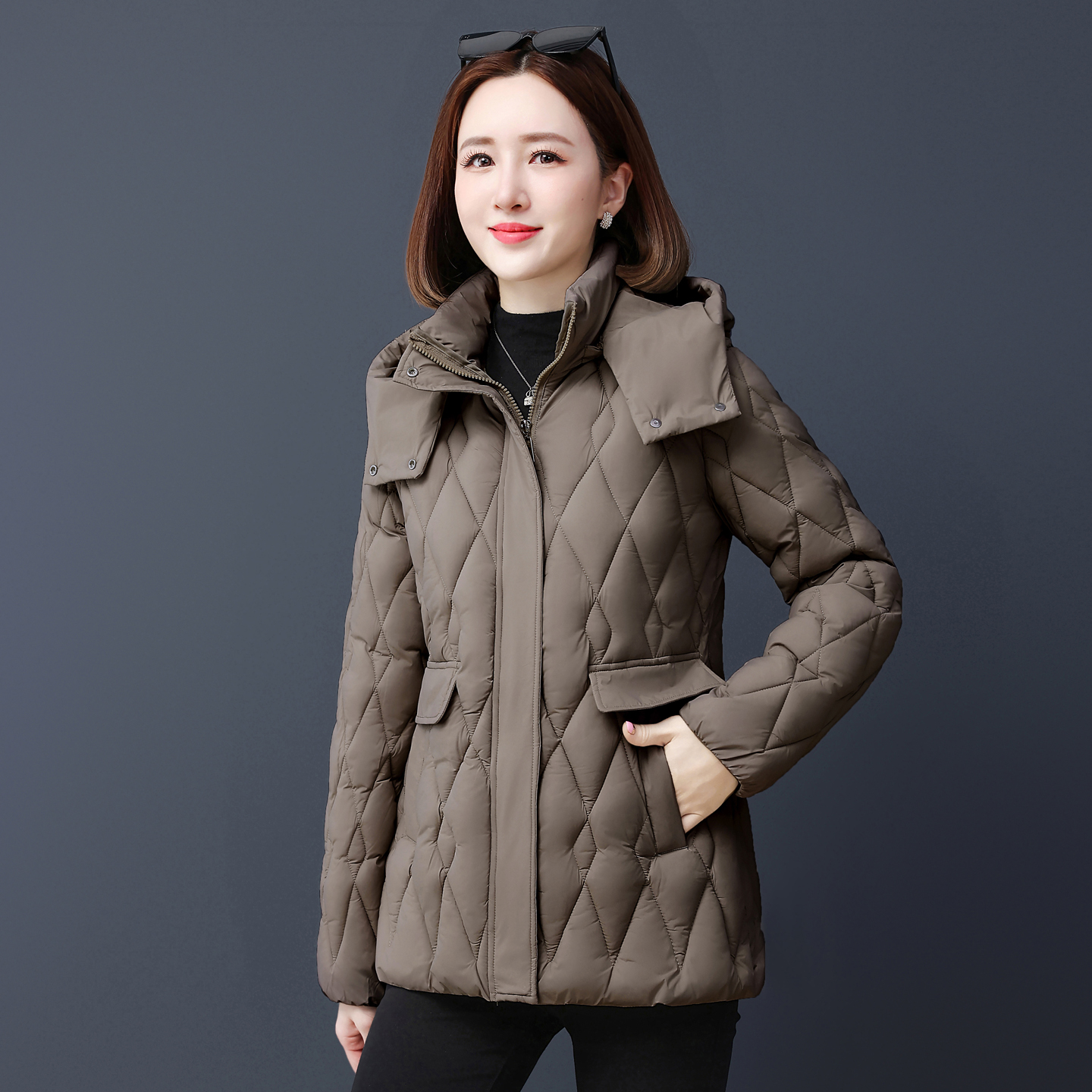 菱形格羽绒棉服女冬季中年轻妈妈