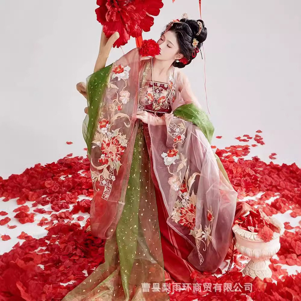 春秋新款原创汉服女山茶重工刺绣大袖衫诃子裙齐胸唐制喜庆服装