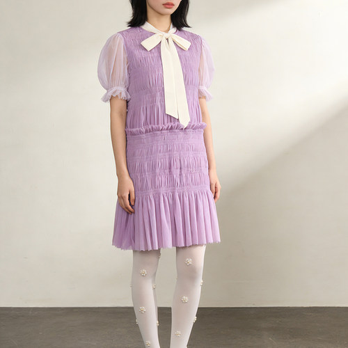 原创少女泡泡袖网纱肌理连衣裙