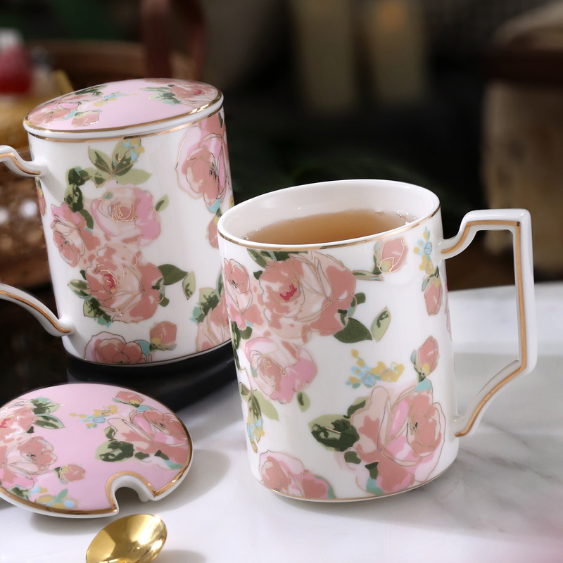 nosin诺轩法式玫瑰花卉田园风陶瓷马克杯子带盖个性女水杯家用男