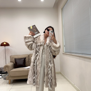 气质宽松外穿冬季 长款 外套洋气 复古风真兔毛皮草大衣翻领挽袖 新款