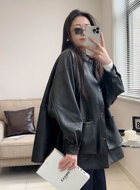 2025春季新款皮衣真皮绵羊皮中长大口袋斗篷黑色宽松皮衣外套大码