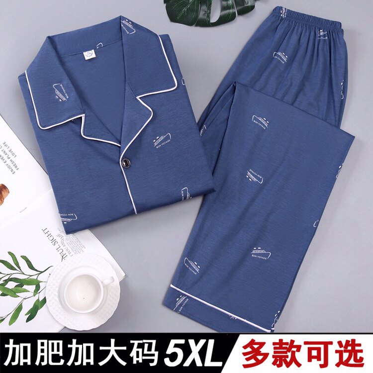纯棉春季男士睡衣春秋款长袖长裤男款加肥大码中年全棉家居服套装