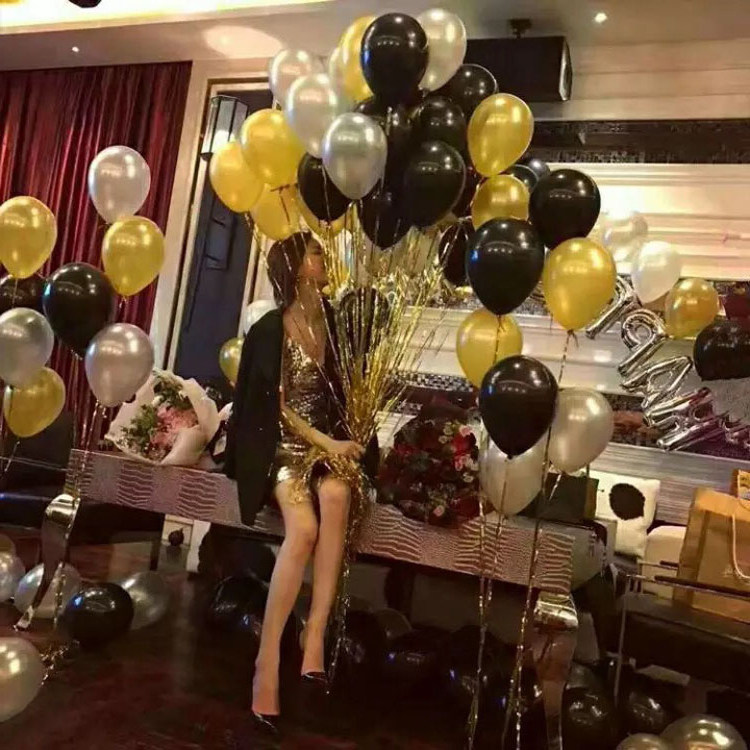 10寸2.2克加厚黑金银色乳胶气球HAPPY BIRTHDAY字母彩带