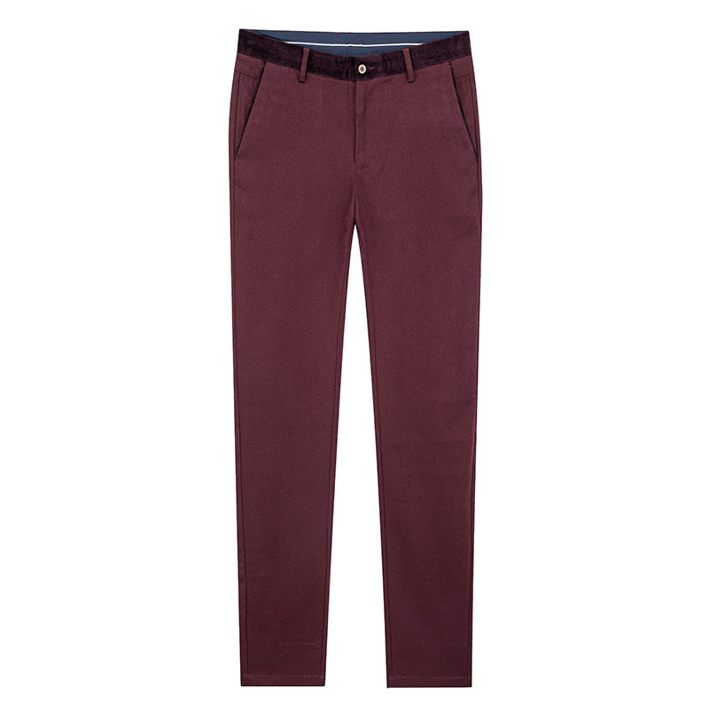 鸟家休闲裤男枣红色秋冬款时尚修身直筒纯色青年微弹长裤93t62