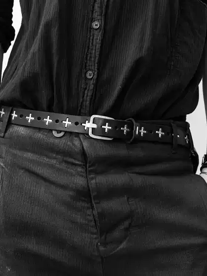 Dark Pioneer Handmade All-Metal Cross Decorative Pin Buckle Genuine Leather Ma Belt, Simple and Versatile Unisex Leather Pants Belt