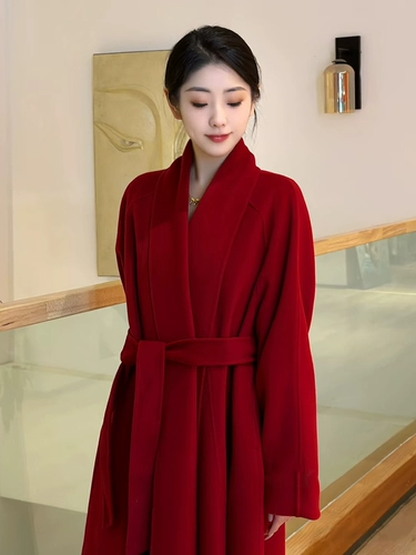 Красное двусторонное кашемировое зимнее длинное шерстяное шерстяное пальто, средней длины