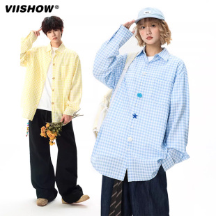 VIISHOW日系复古学院风格子衬衫男秋季新款宽松中长款衬衣外套潮
