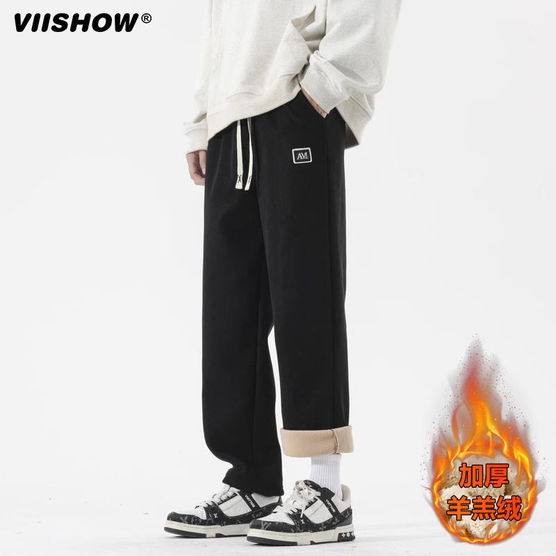 VIISHOW休闲裤男2024冬季加绒运动裤子男款黑色保暖宽松休闲卫裤