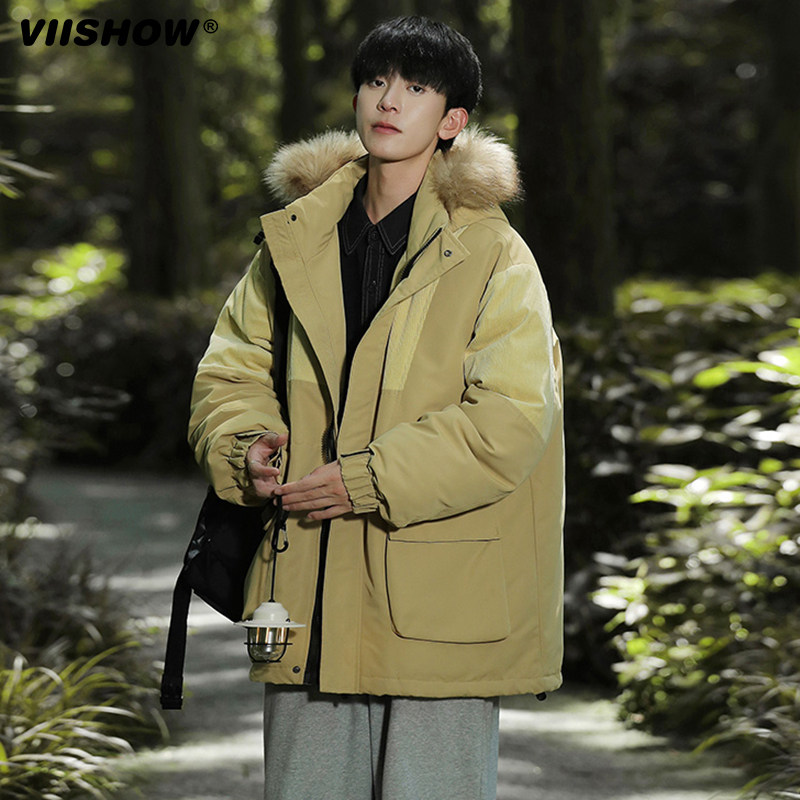 VISHOW工装棉衣男士冬季潮牌加厚连帽冬装棉袄休闲毛领棉服外套