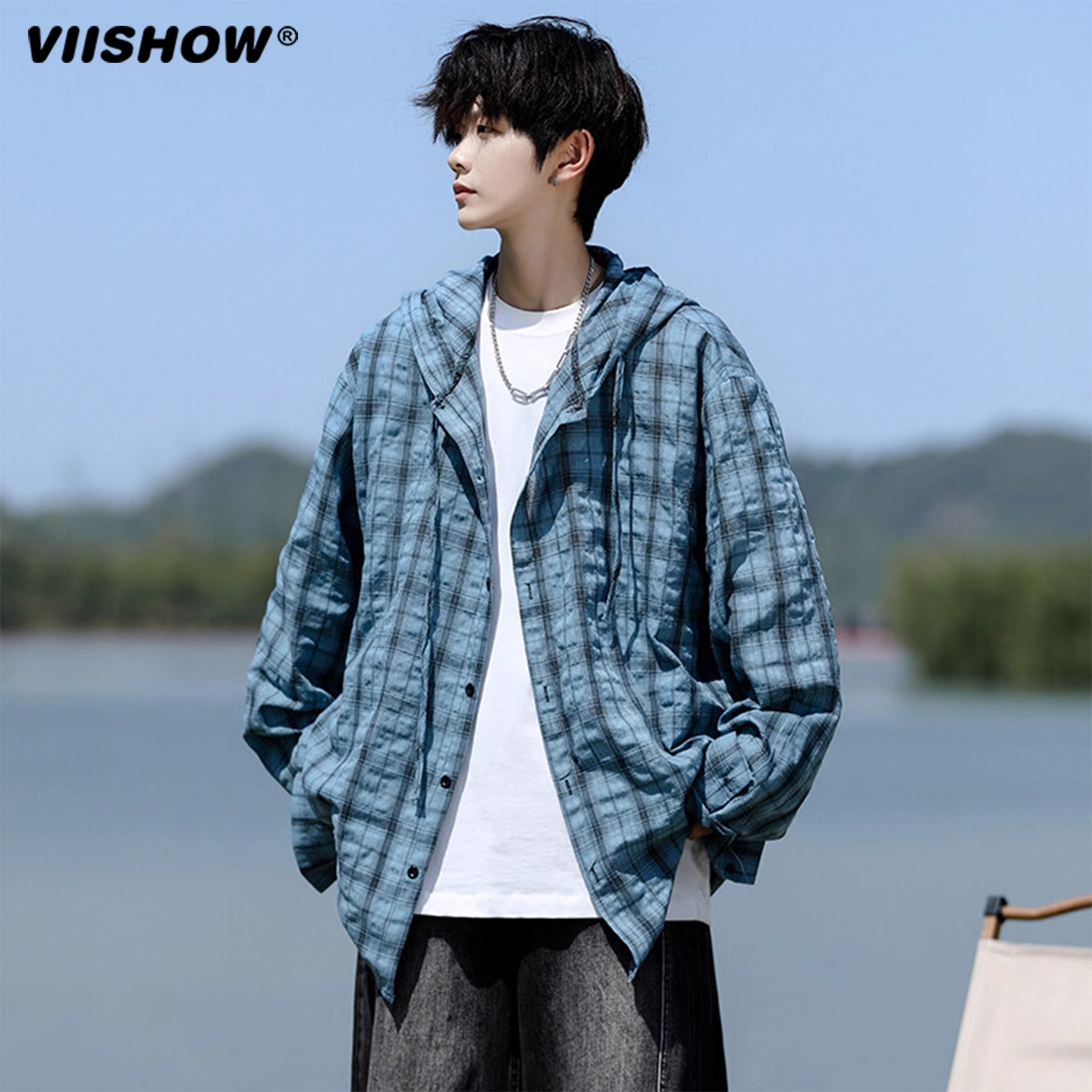 VIISHOW长袖防晒衣男夏季美式复古格子衬衫户外轻薄连帽情侣外套