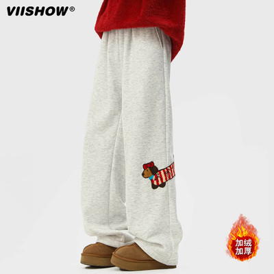 VIISHOW卡其色小狗刺绣羊羔毛棉裤男冬季加厚保暖防寒休闲长裤子