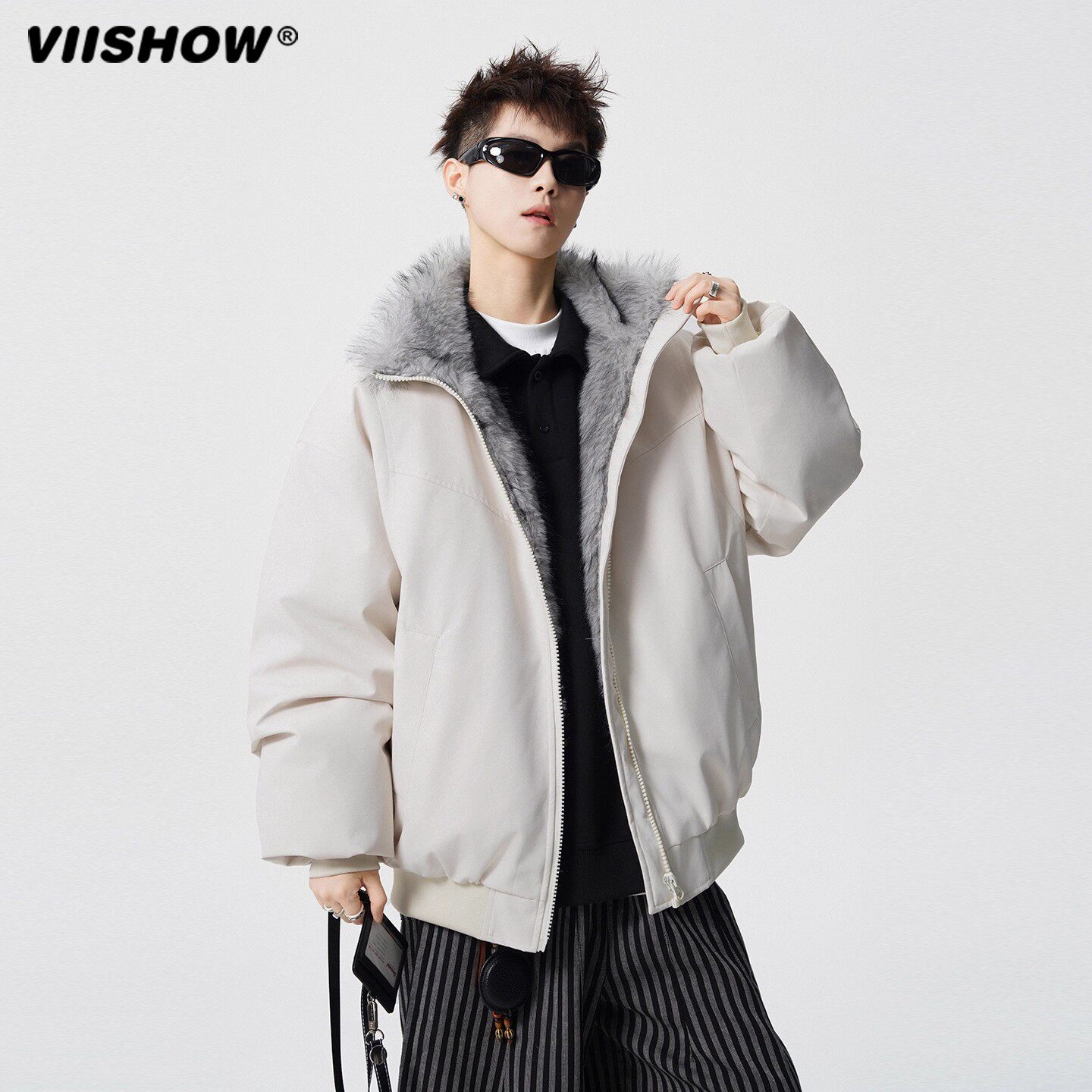 VIISHOW美式毛领夹克棉服男女冬季潮牌设计保暖外套加厚立领棉衣