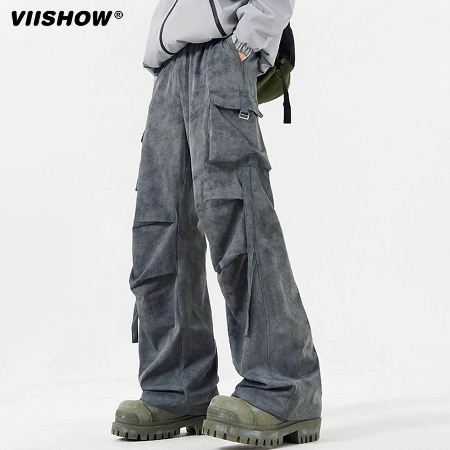 VIISHOW美式高街扎染脏脏工装裤男秋季新款直筒男生阔腿伞兵裤子