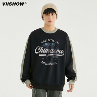 VIISHOW复古日系字母印花拼色圆领卫衣男春秋季宽松百搭套头上衣