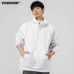 VIISHOW街头复古拼接半拉链连帽卫衣男潮牌宽松情侣休闲百搭帽衫