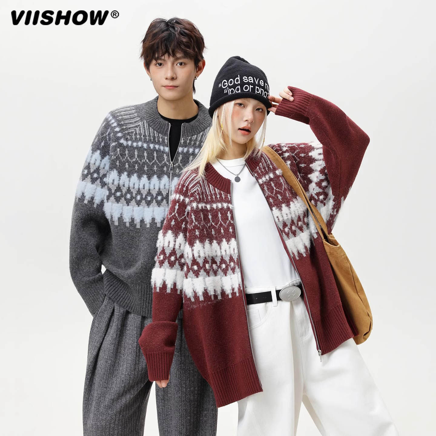 VIISHOW费尔岛毛衣男女秋美式复古提花慵懒风开衫拉链情侣针织衫,男装,针织衫/毛衣,淘宝优惠券,粉丝福利购,淘宝优惠卷