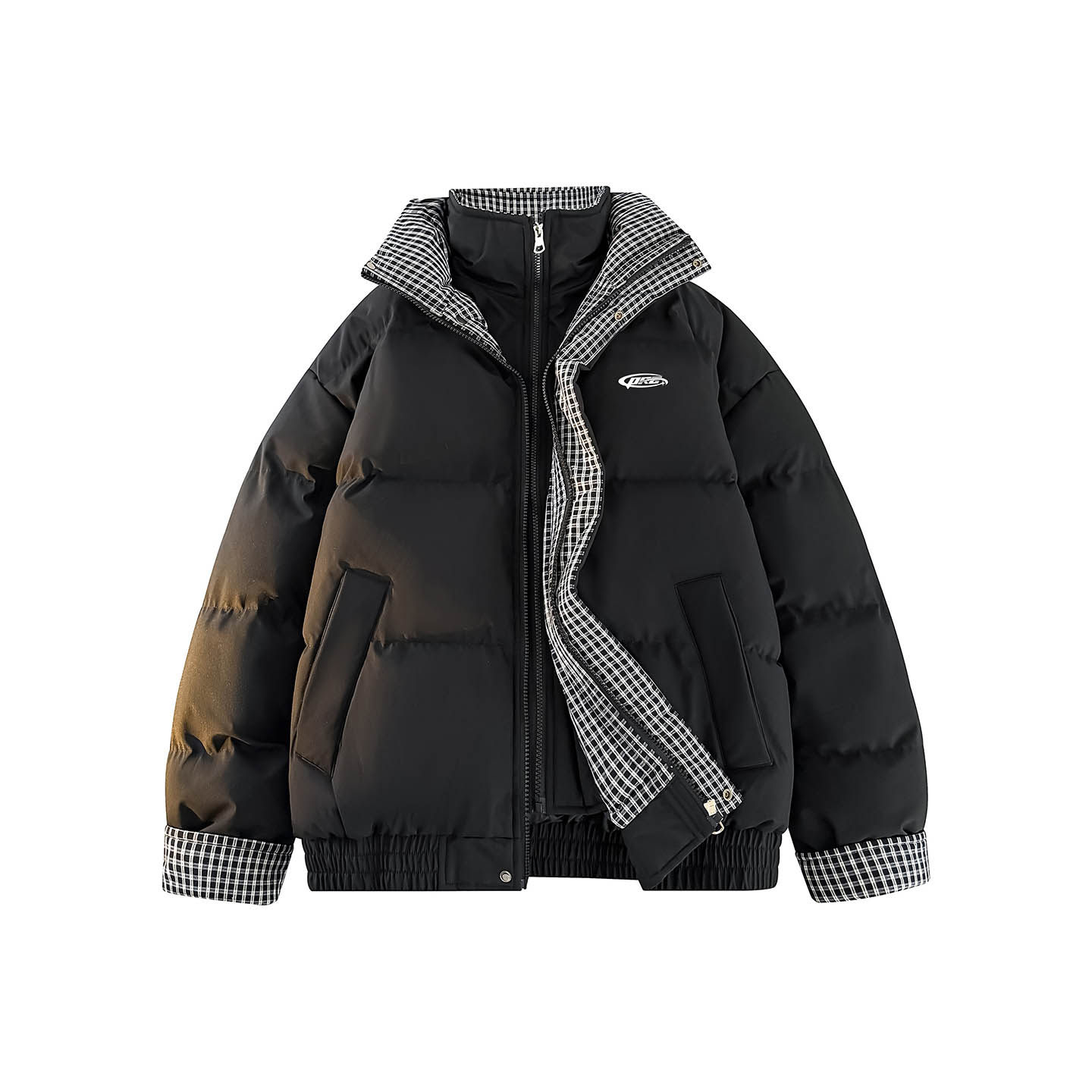 PRESSURE美式假两件格子拼接撞色字母印花休闲宽松棉服外套男女款