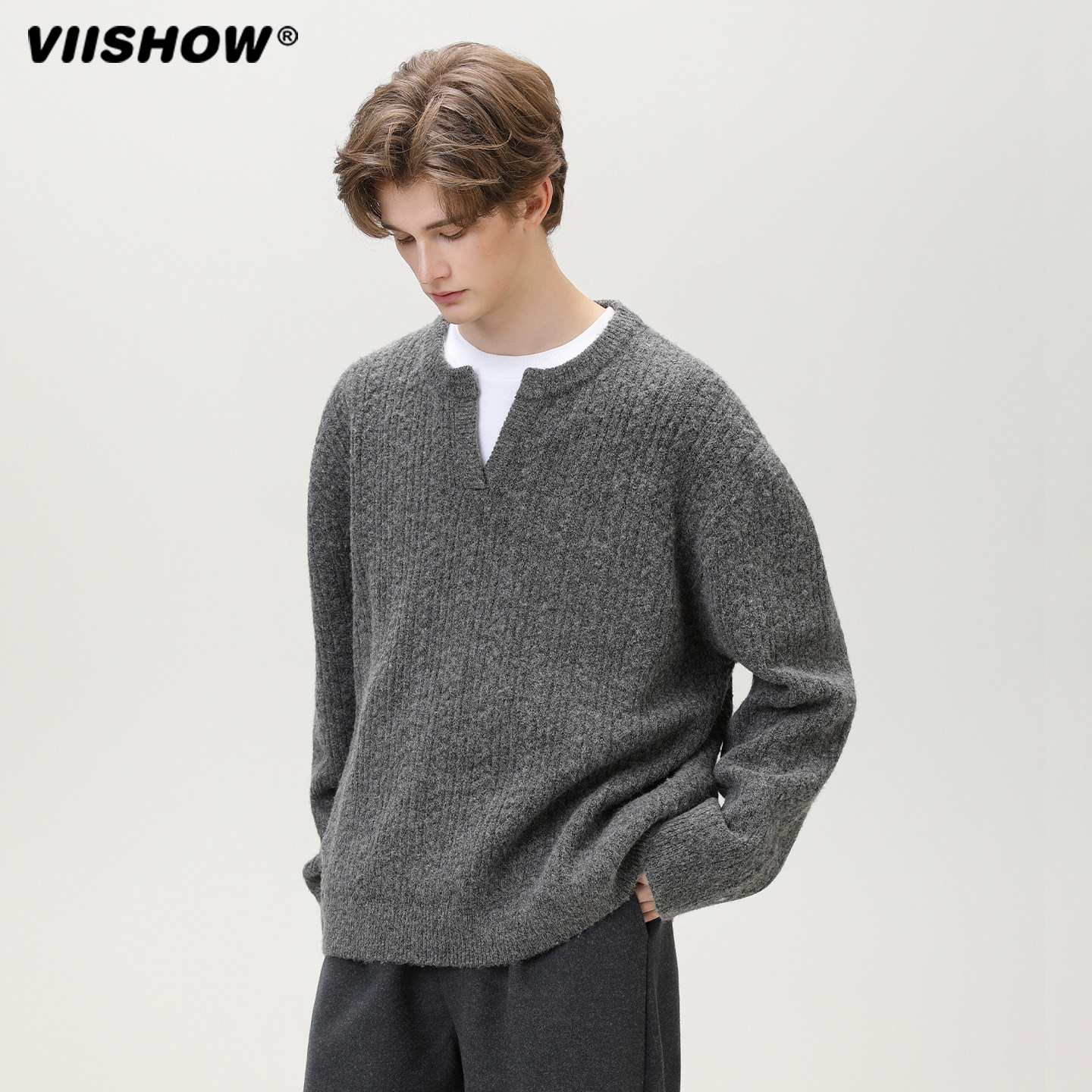 VIISHOW小v领毛衣男秋冬休闲宽松百搭复古潮牌慵懒风针织衫外套