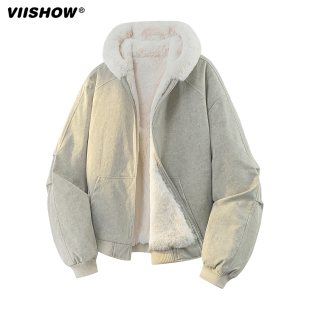 VIISHOW2025冬季座山雕工装连帽棉服男潮牌情侣宽松加绒保暖棉衣