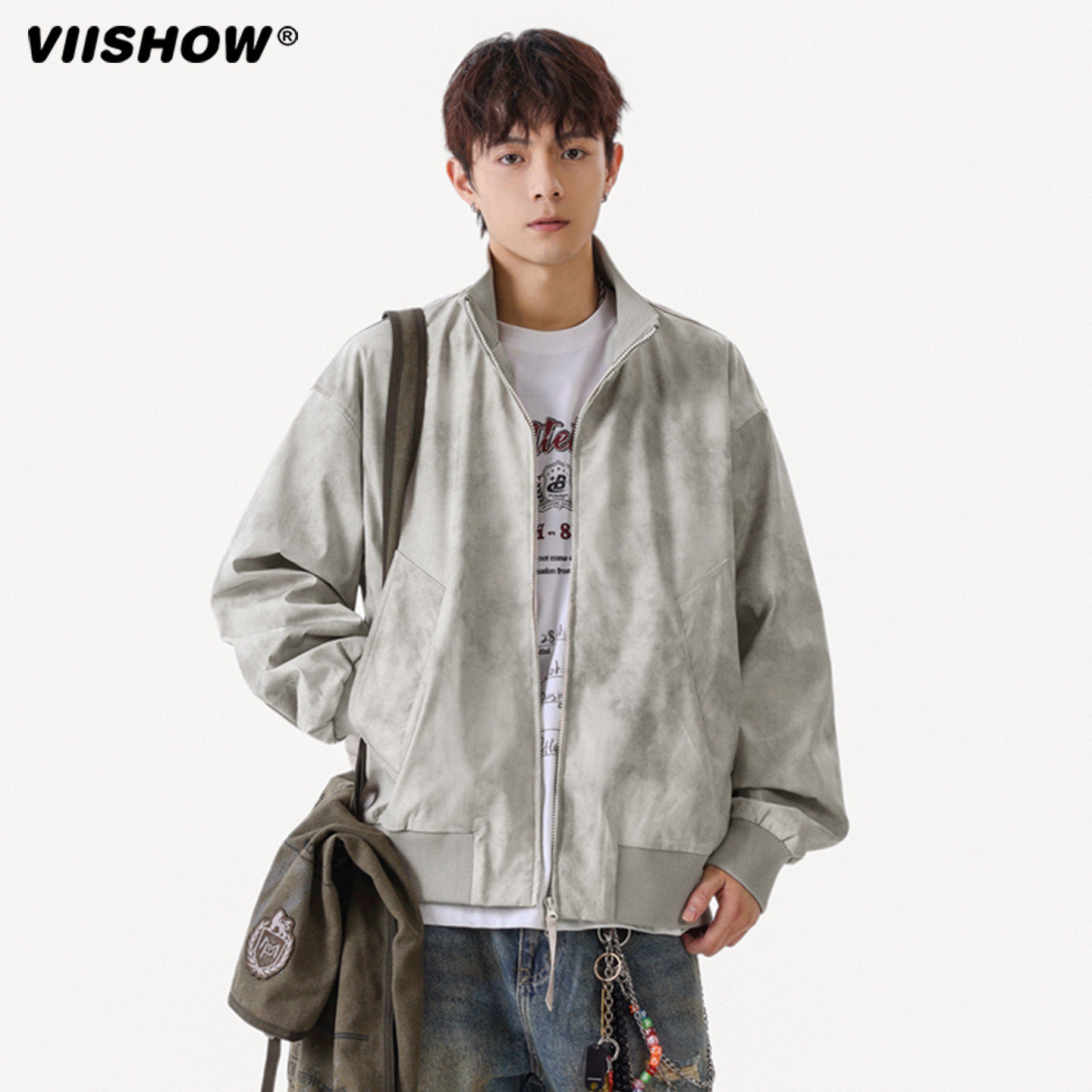 VIISHOW扎染男生秋季韩版高级休闲百搭立领拉链开衫潮流宽松外套