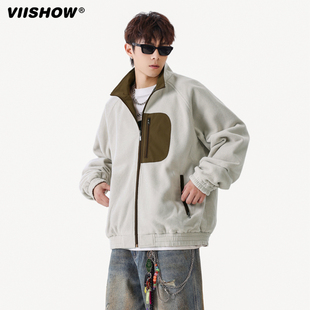 VIISHOW日系秋季新款两面穿刺绣夹克日系男女款摇粒绒立领外套潮