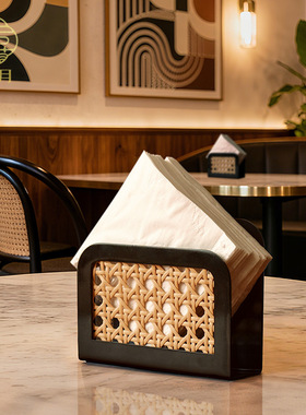 高档中古侘寂风藤面东南亚酒店会所餐厅餐桌纸巾架餐巾方形纸巾座