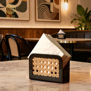 高档中古侘寂风藤面东南亚酒店会所餐厅餐桌纸巾架餐巾方形纸巾座