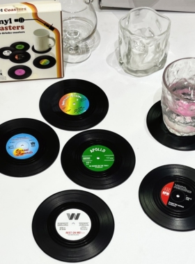 Rockabilly摇滚怀旧经典猫王复古黑胶唱片杯垫餐垫隔热垫 6片装