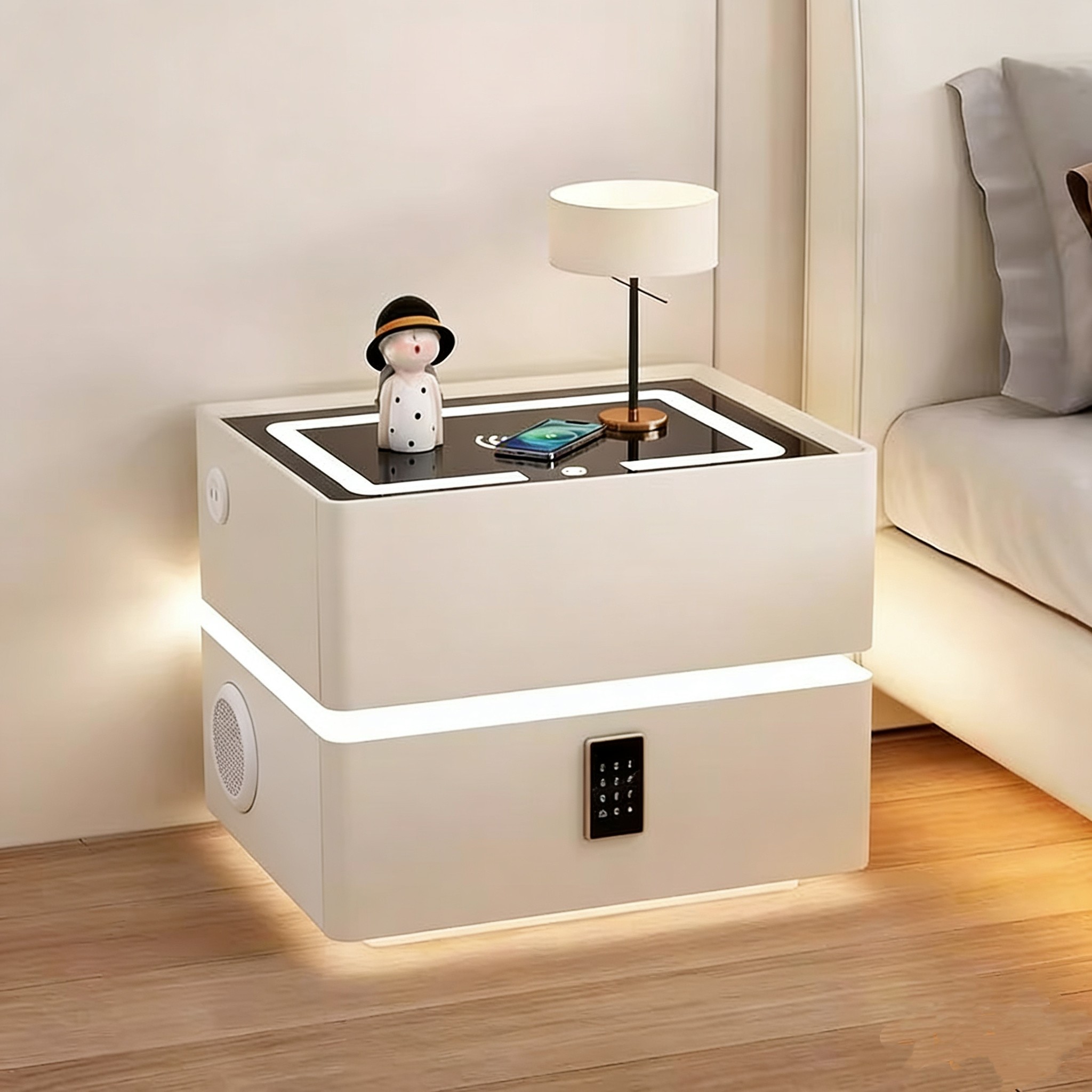 智能悬浮床头柜LED带灯无线充电多功能现代简约卧室床边柜密码锁