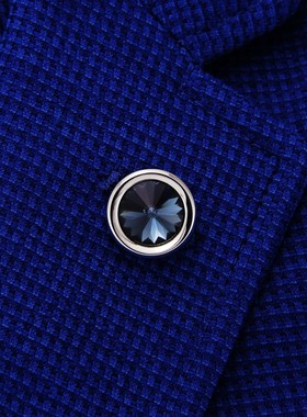 复古男士胸针西装胸针深邃蓝深蓝色人造水晶领针西服胸花银色领扣