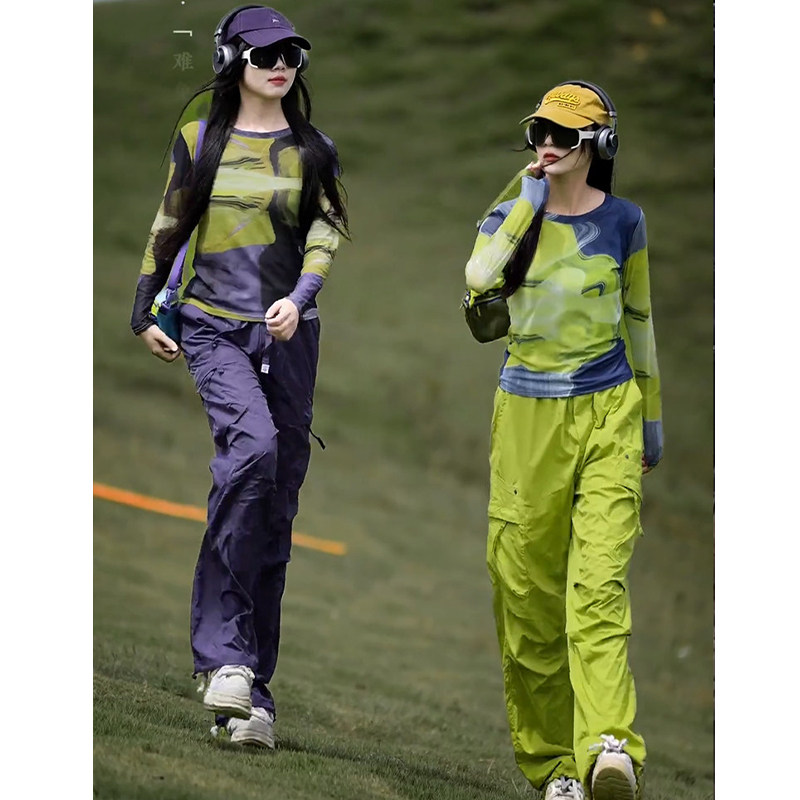 高级感扎染冰丝网纱长袖T恤女春微透薄款外搭绿色修身罩衫上衣图片