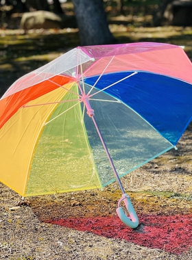 3-8岁幼儿园宝宝用儿童伞手开长柄儿童透明伞彩虹伞透明雨伞抗风