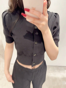 原 C&S新品女装修身版型纯色短款时尚圆领针织小开衫夏