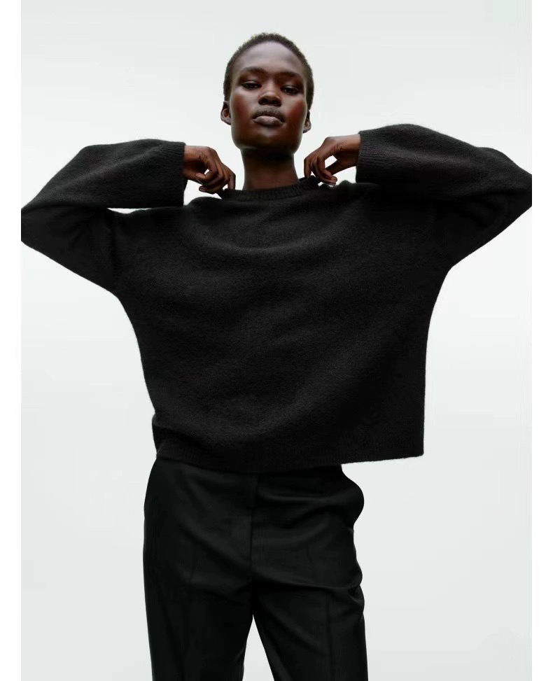 落肩宽袖毛衣羊毛混纺圆领宽松